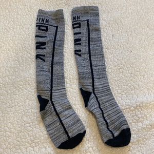 Victoria’s Secret pink. Gray socks